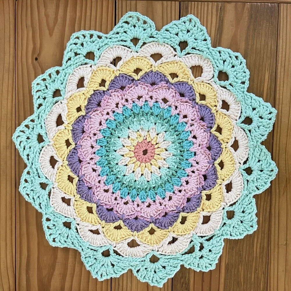 Handmade Crochet 15” Multi Color Mandala Pastel Doily Table Top 100% Cotton